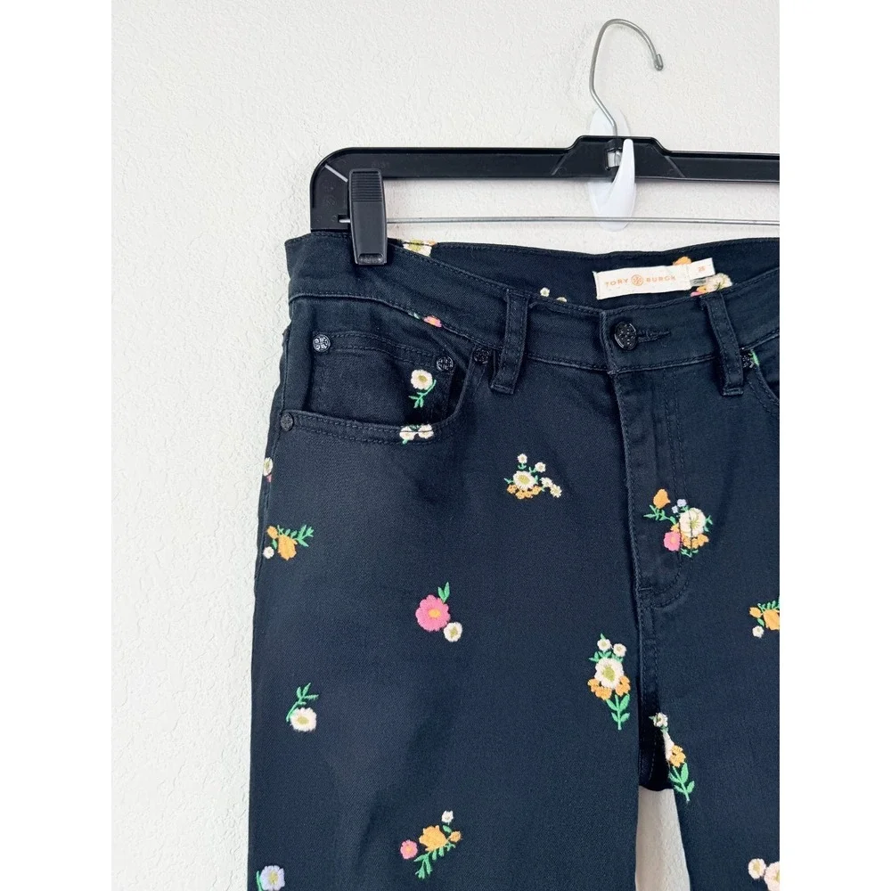 Tory Burch Floral Embroidered Skinny Ankle Jeans Womens 26 Black Boho Hippie Y2K